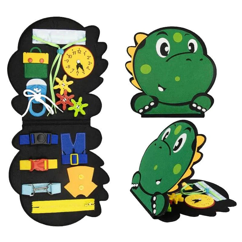 Dinosaur-Themed Sensory Busy Board with Gears, Zippers & Buttons