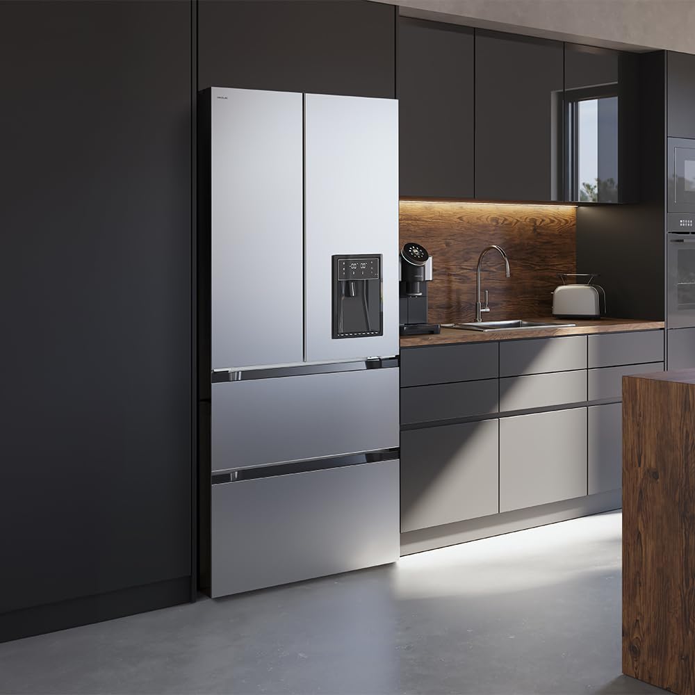 Cecotec Réfrigérateur à Double Porte en Inox avec Distributeur d'Eau de 510 L Bolero CoolMarket FD 510 WD Inox E. 183 cm de Hauteur, 84 cm de Largeur, Moteur Inverter Plus, NoFrost Total