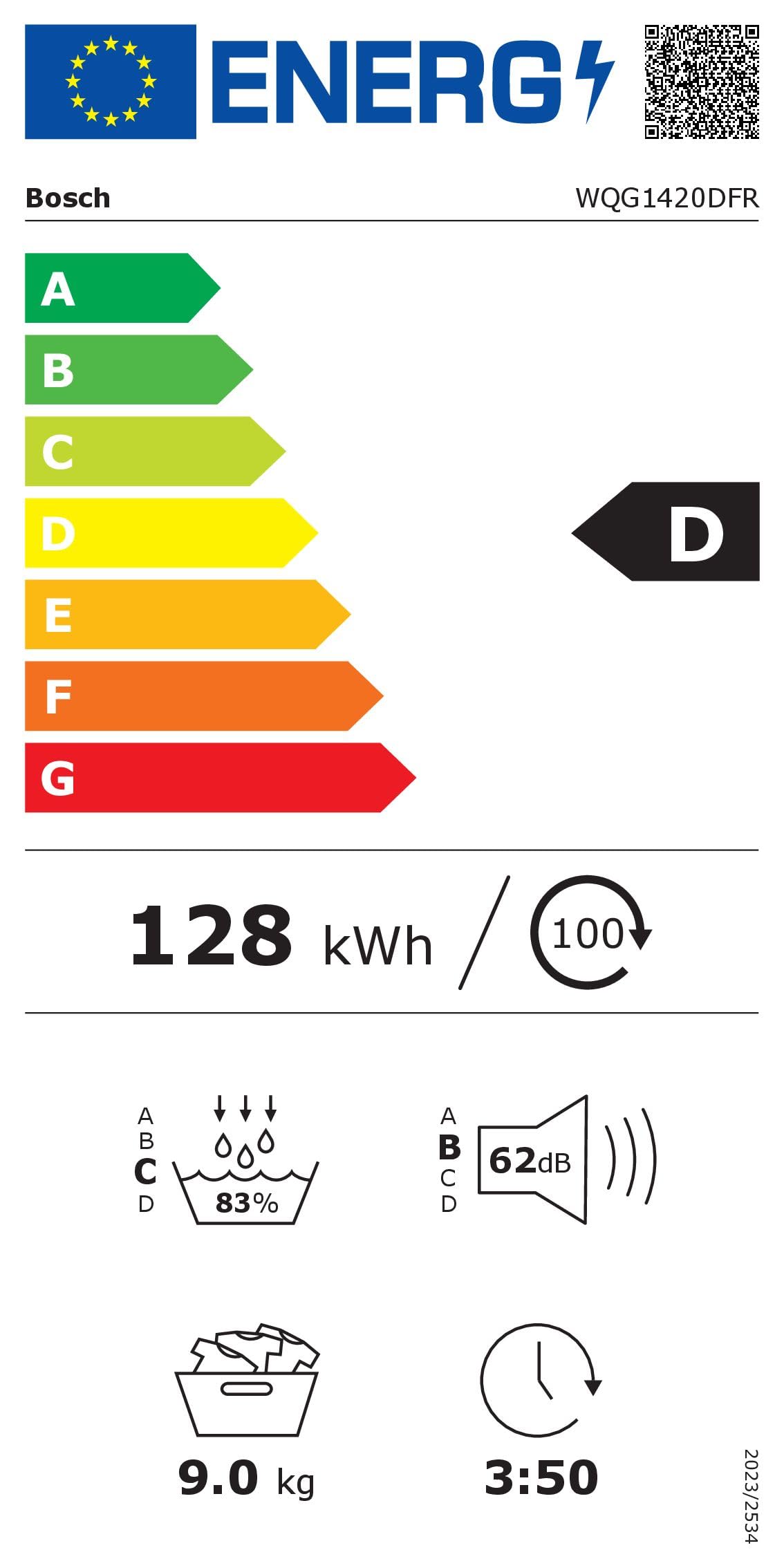 BSH Electroménager WQG1420DFR, Série 6, Sèche linge, Pompe à chaleur, 9 kg, Blanc