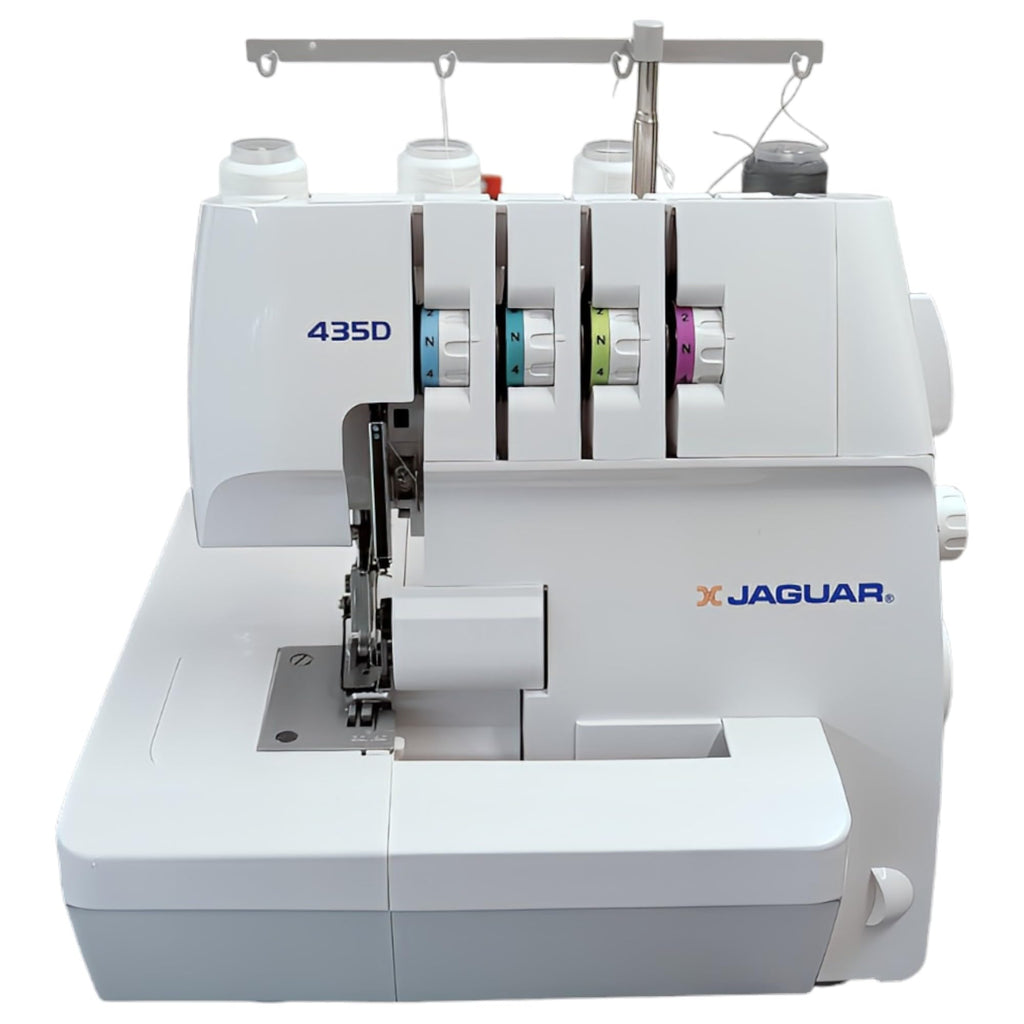 Jaguar 435D Surjeteuse Overlock, 3/4 fils, enfilage codé par couleur, transport différentiel, coupe-fil automatique, bras libre, blanc.