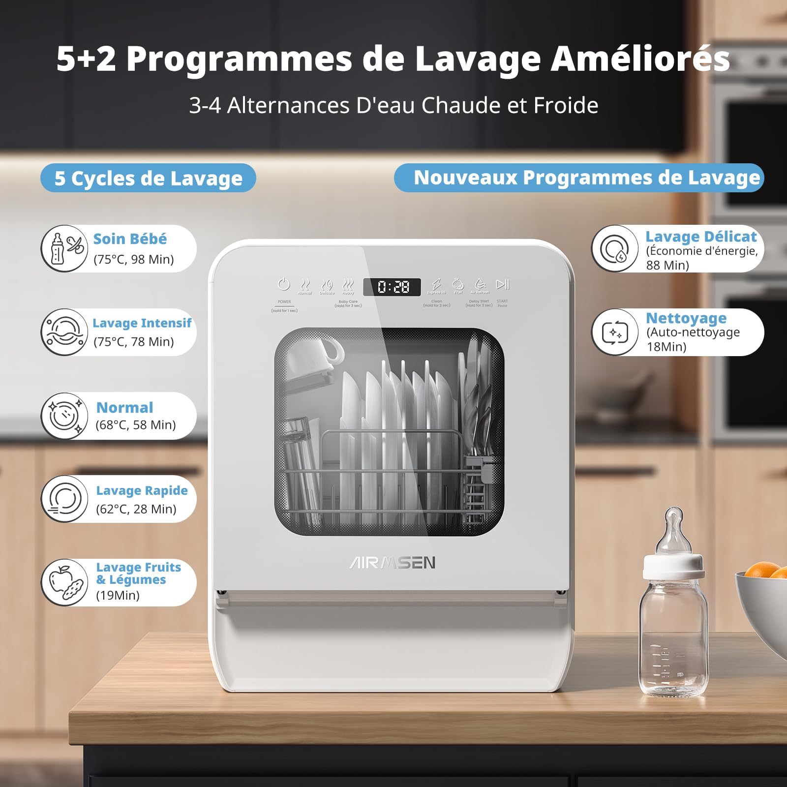 AIRMSEN Mini Lave-vaisselle de Table avec 7+2 Programmes, Design Ultra-Étroit & Profond 37 * 50cm, 4 couverts, Démarrage Différé 1-24H, Double Jet 360°, Réservoir d'Eau de 5L, Blanc (Blanc)
