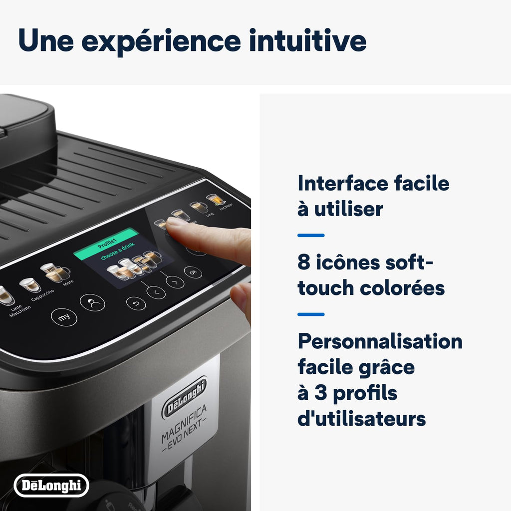 De’Longhi Magnifica Evo Next - Perfetto Machine à Café Automatique avec LatteCrema Mousseur à Lait Automatique, 13 Boissons en une Seule Touche, Écran Tactile Couleurs, Titane et Noir (ECAM312.80.TB)