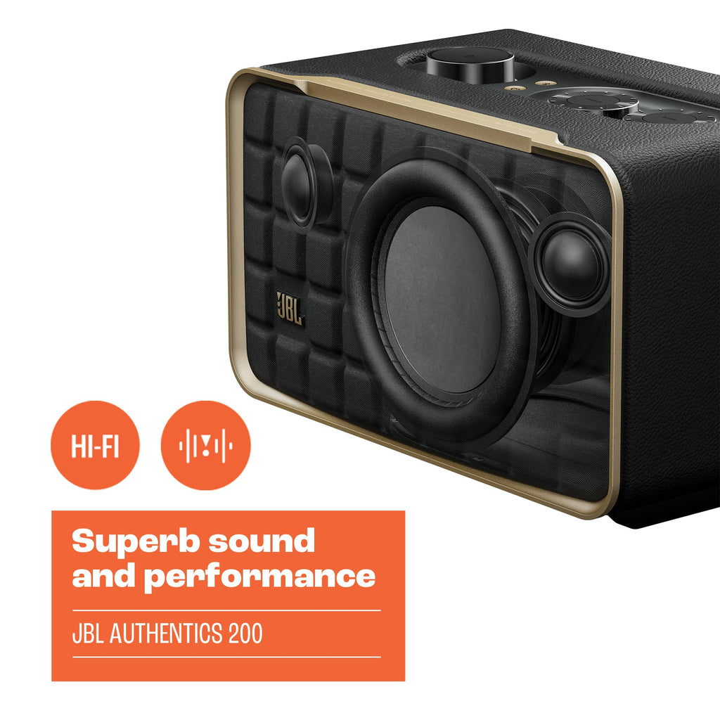 JBL Authentics 200 Enceinte Smart Home avec WiFi, Bluetooth et assistants vocaux, design rétro, noire