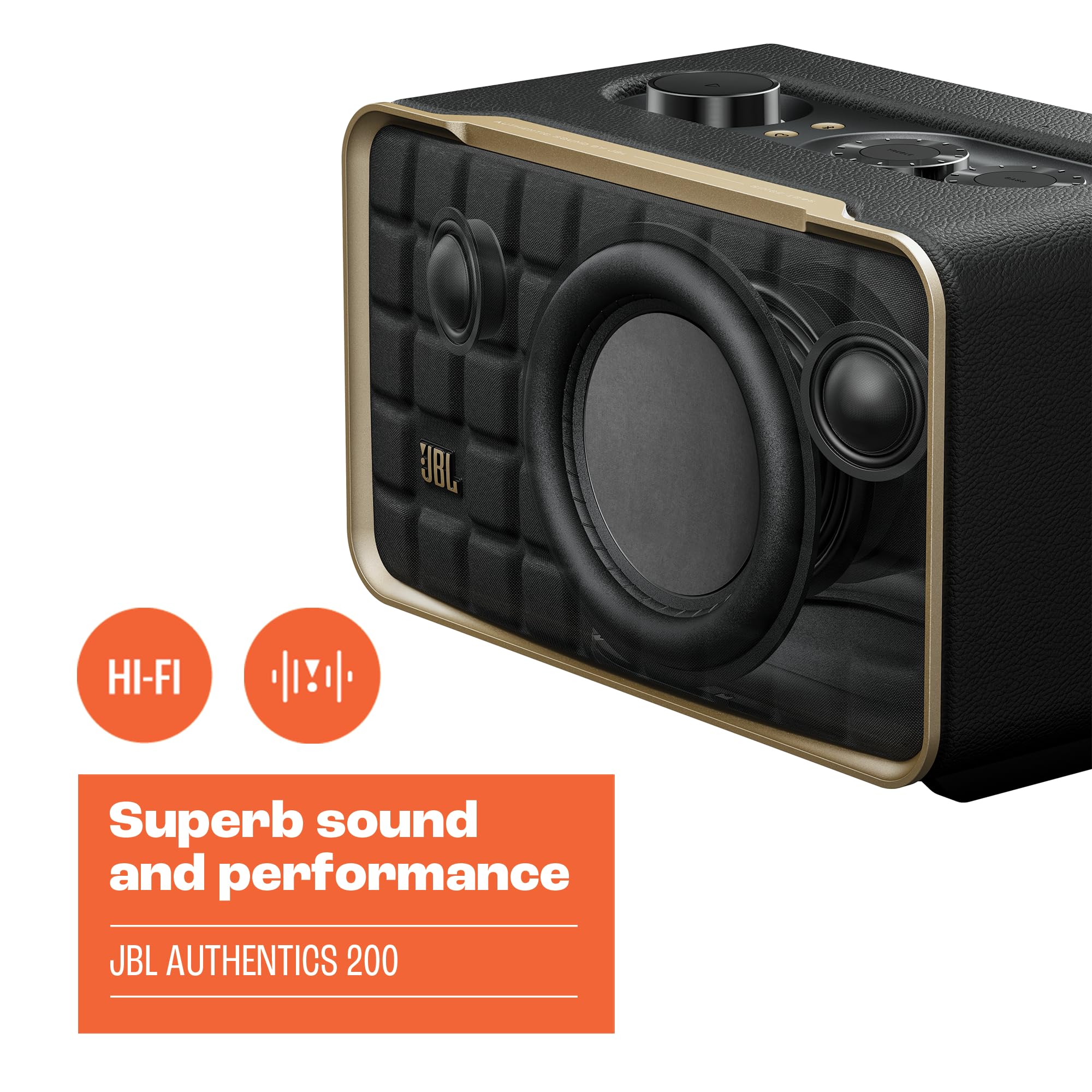 JBL Authentics 200 Enceinte Smart Home avec WiFi, Bluetooth et assistants vocaux, design rétro, noire
