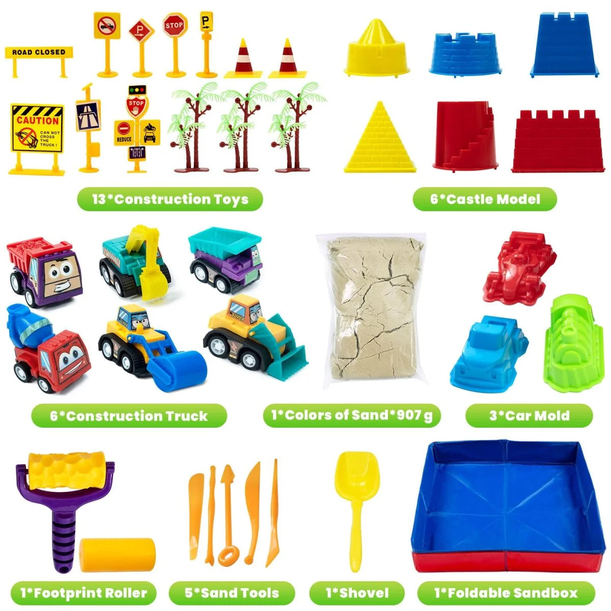 1lb PlaySand Kit with Foldable Sandbox, 6 Construction Trucks Tools