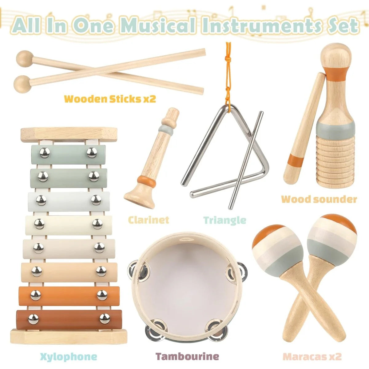 Montessori Wooden Music Set with Drum, Xylophone, Maracas for Kids